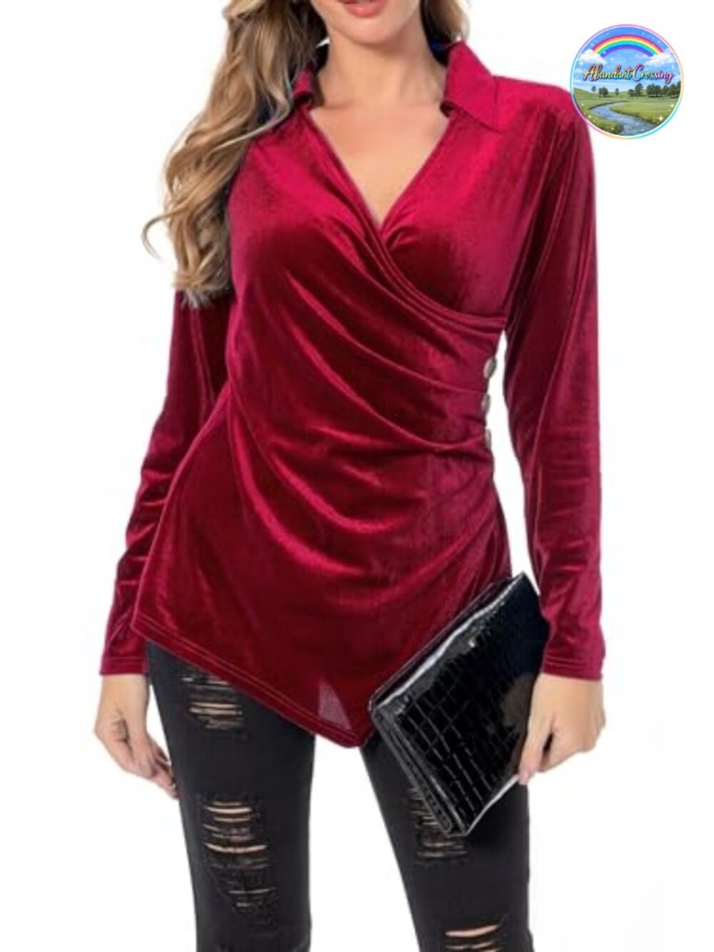 Womens Long Sleeve Velvet V-Neck Wrap Blouse